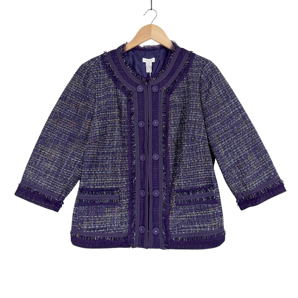 Chico's Tweed Jacket Women Size 2 Purple Wild Grape Fringe 3/4 Sleeve Blazer NWT